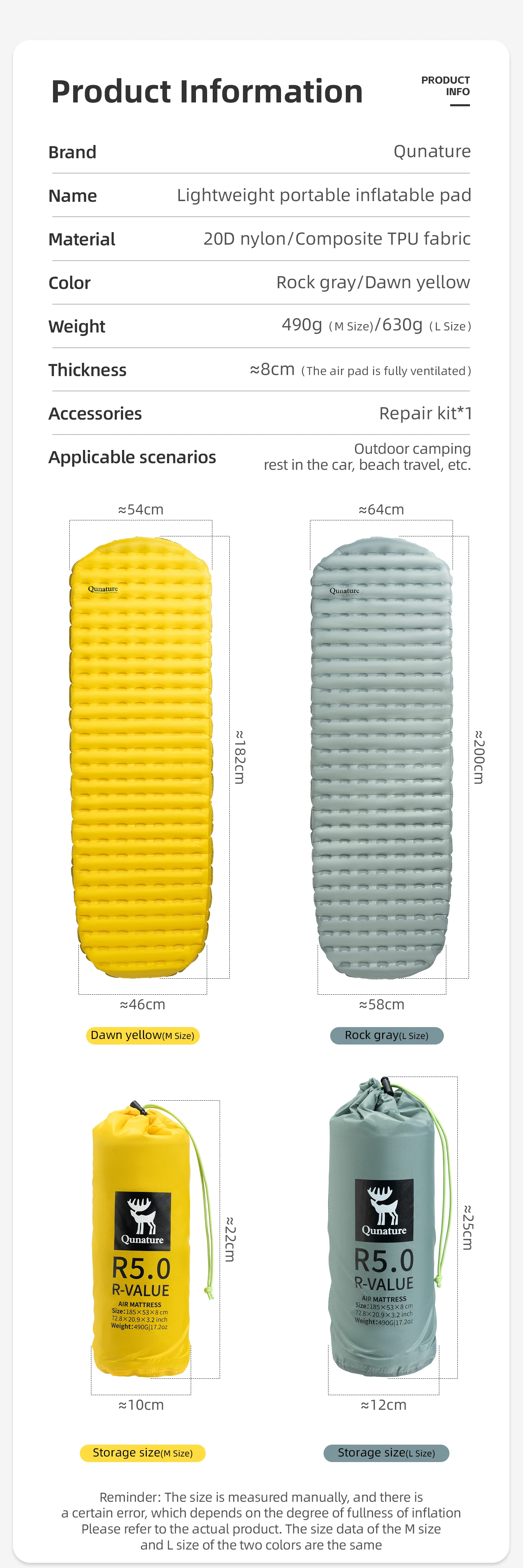 Qunature Outdoor Camping Inflatable Mattress Sleeping Pad Ultralight Hiking Waterproof Picnic Pad Foldable Sleeping Mattress
