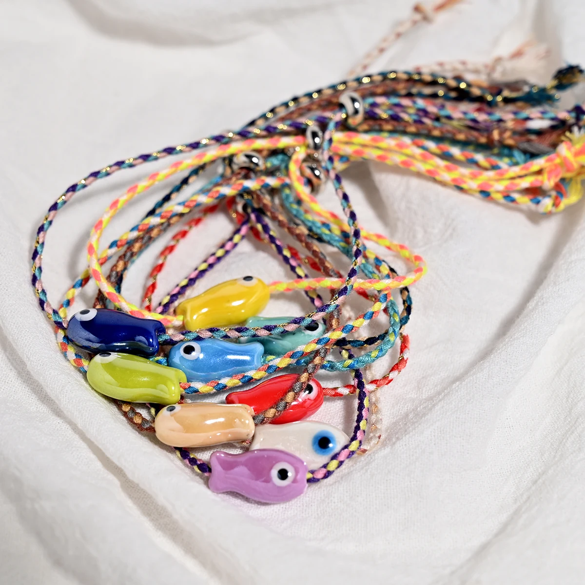 Set of 10Pcs Ceramic Fish Bracelet for Women Handmade Woven Colored Rope Boho Wrap Charm Bracelet Friendship Popular Jewelry
