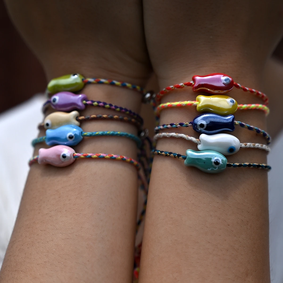 Set of 10Pcs Ceramic Fish Bracelet for Women Handmade Woven Colored Rope Boho Wrap Charm Bracelet Friendship Popular Jewelry