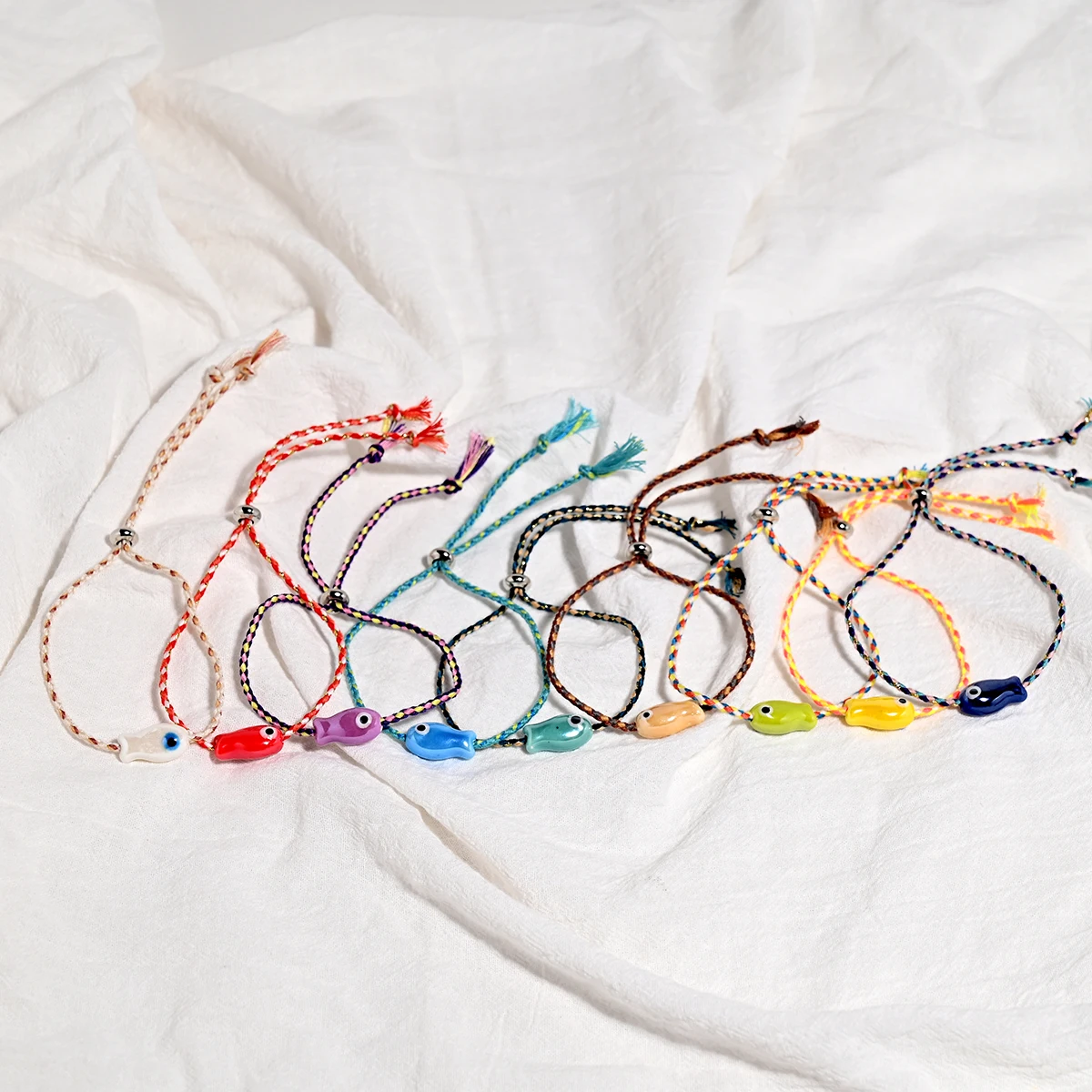 Set of 10Pcs Ceramic Fish Bracelet for Women Handmade Woven Colored Rope Boho Wrap Charm Bracelet Friendship Popular Jewelry