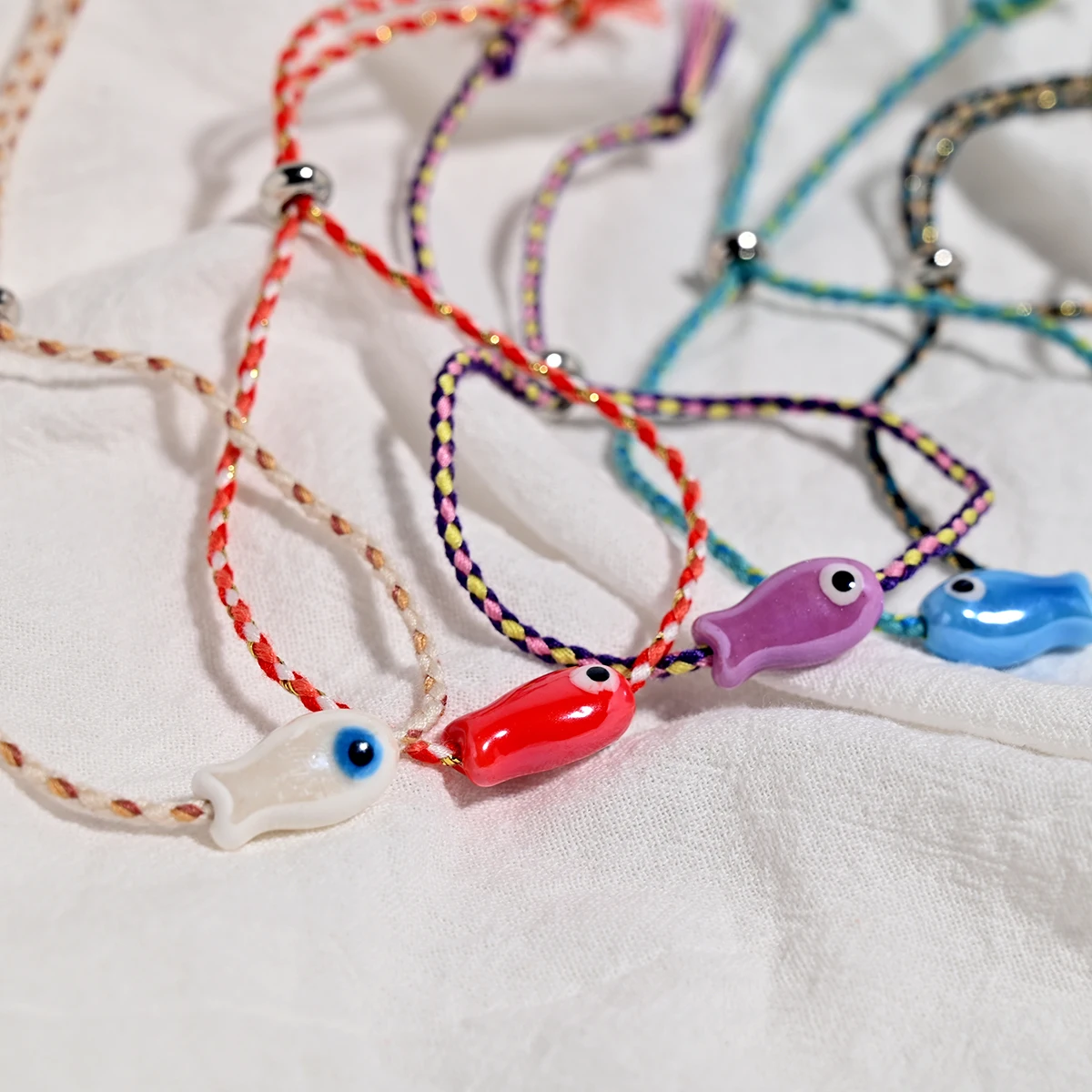 Set of 10Pcs Ceramic Fish Bracelet for Women Handmade Woven Colored Rope Boho Wrap Charm Bracelet Friendship Popular Jewelry