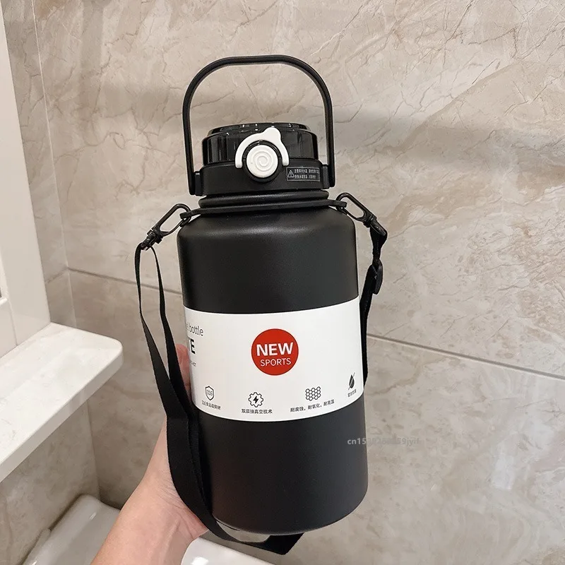 800ml/2000ml Large Capacity Stainless Steel Insulated Water Jug with Strap Handle and Straw Leakproof Vacuum Thermos Mug Sports