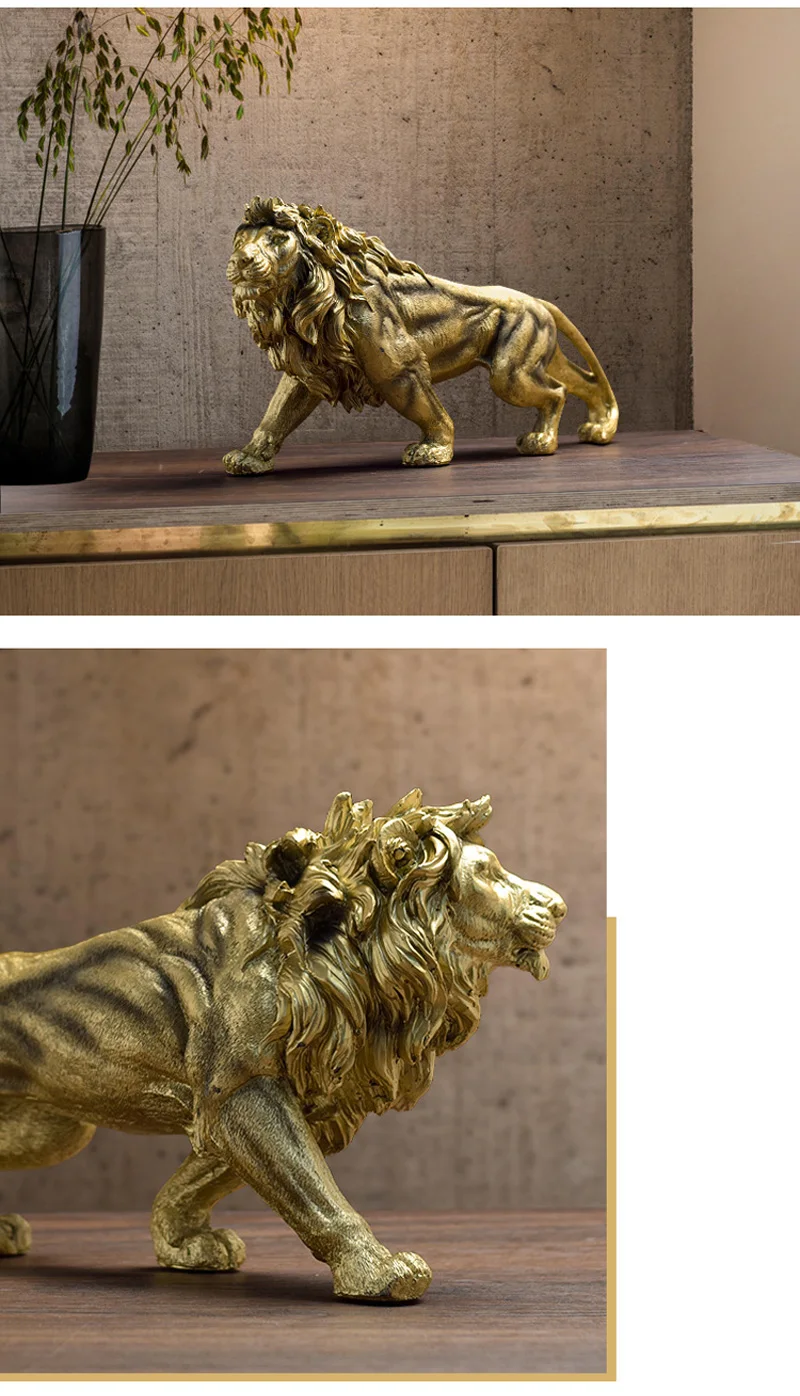 NORTHEUINS Resin Golden Lion King Figurines Home Office Desktop Modern Animal Statue Decoration Accessories Living Room Decor
