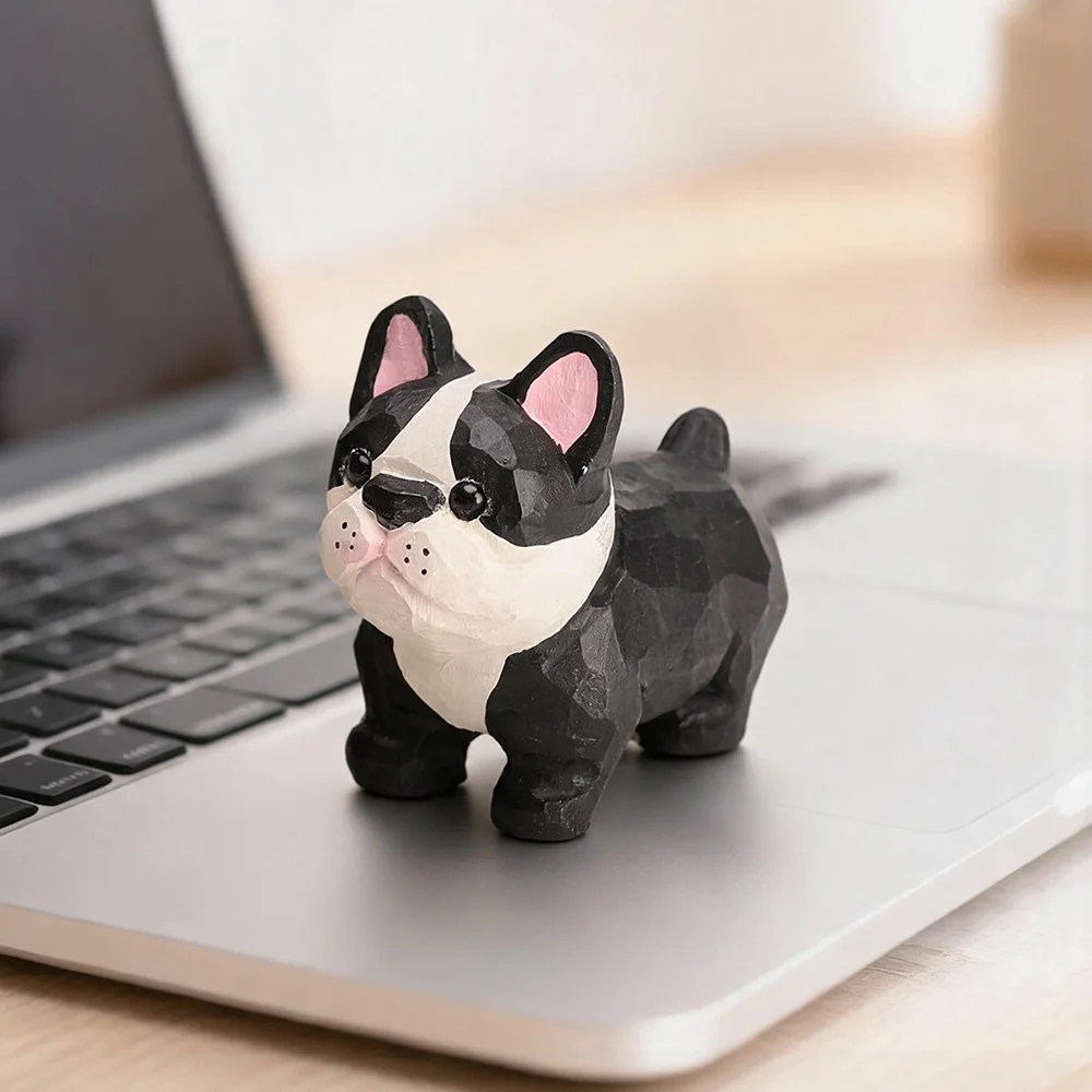 Hand Carved Wooden French Bulldog Figurine Natural Solid Basswood Hand Painted Frenchie Statue Cute Dog Tabletop Ornament