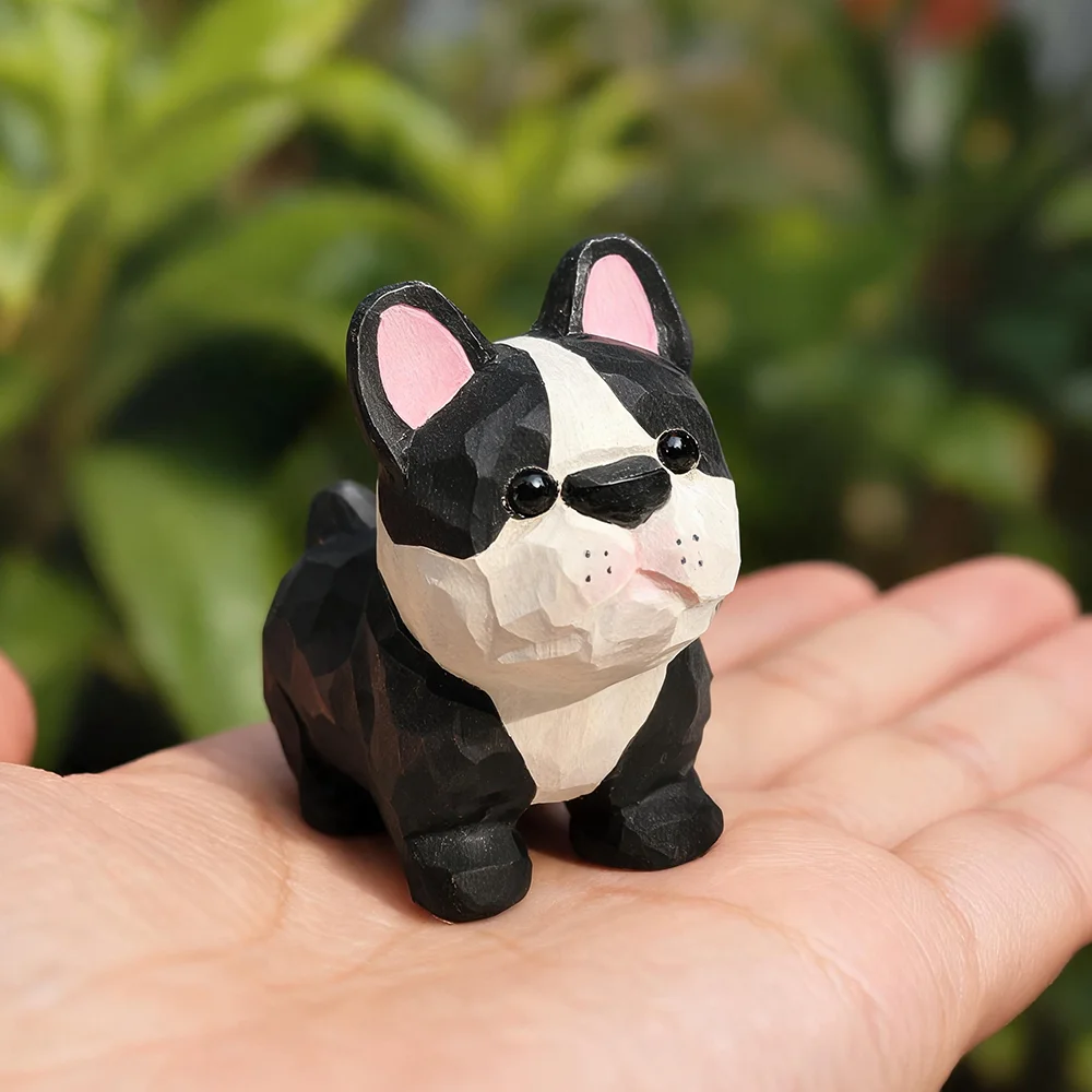 Hand Carved Wooden French Bulldog Figurine Natural Solid Basswood Hand Painted Frenchie Statue Cute Dog Tabletop Ornament
