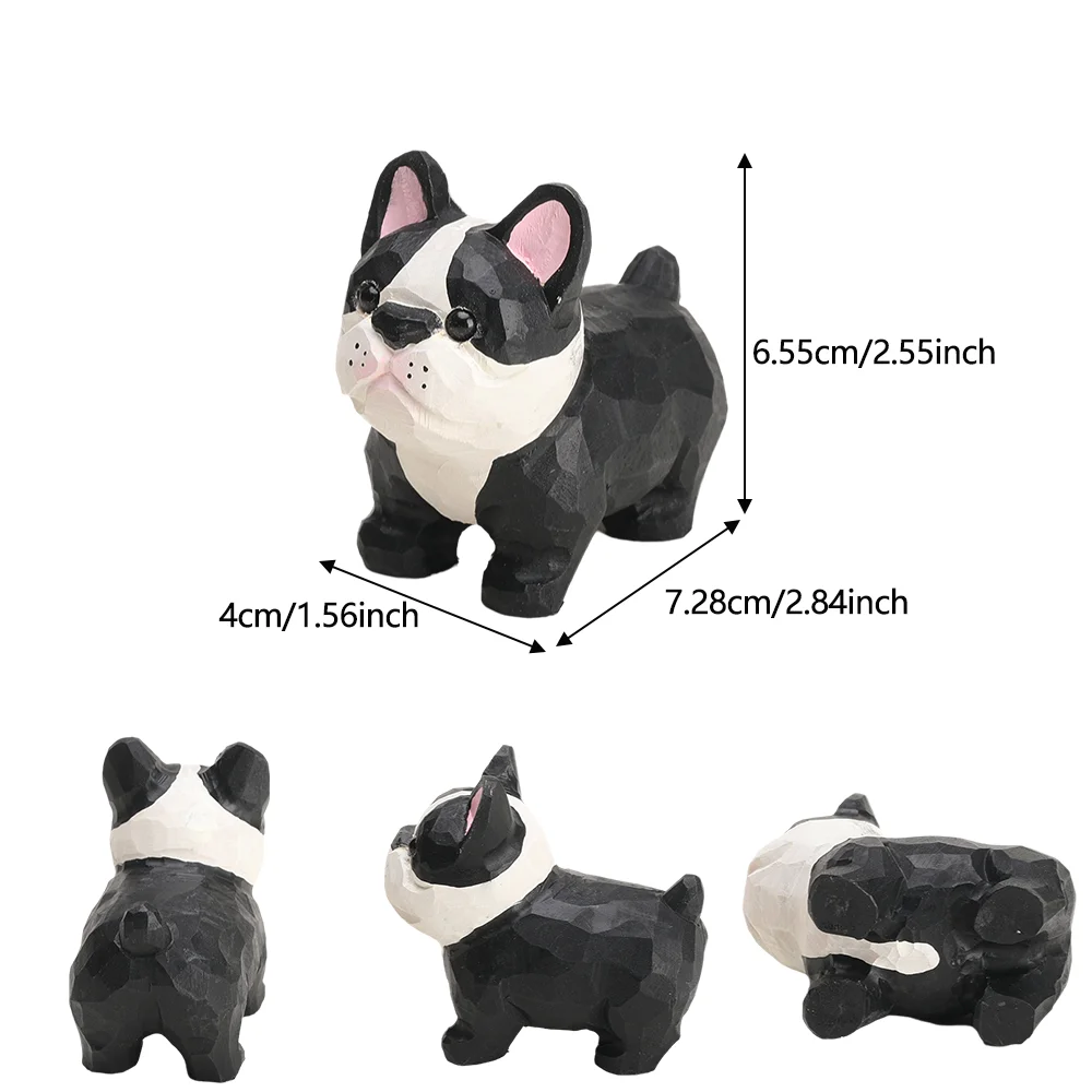 Hand Carved Wooden French Bulldog Figurine Natural Solid Basswood Hand Painted Frenchie Statue Cute Dog Tabletop Ornament