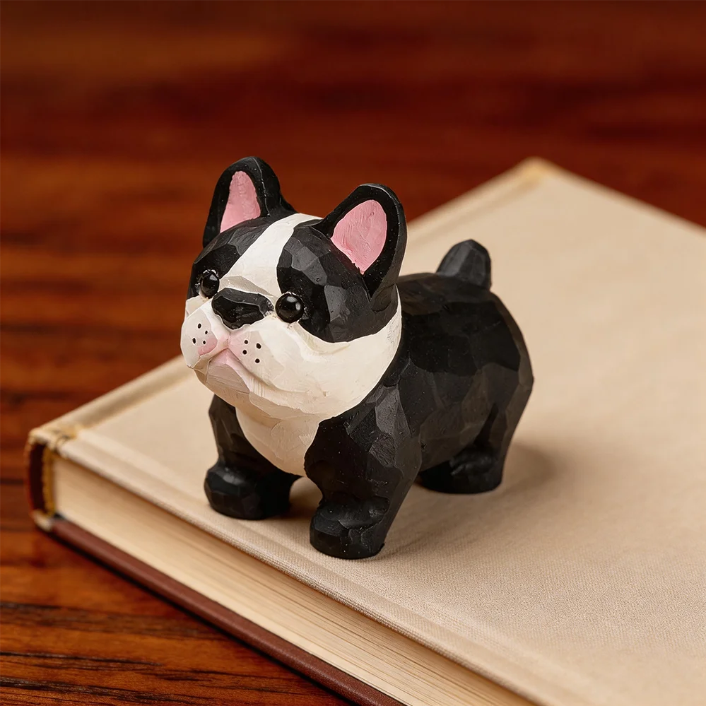Hand Carved Wooden French Bulldog Figurine Natural Solid Basswood Hand Painted Frenchie Statue Cute Dog Tabletop Ornament