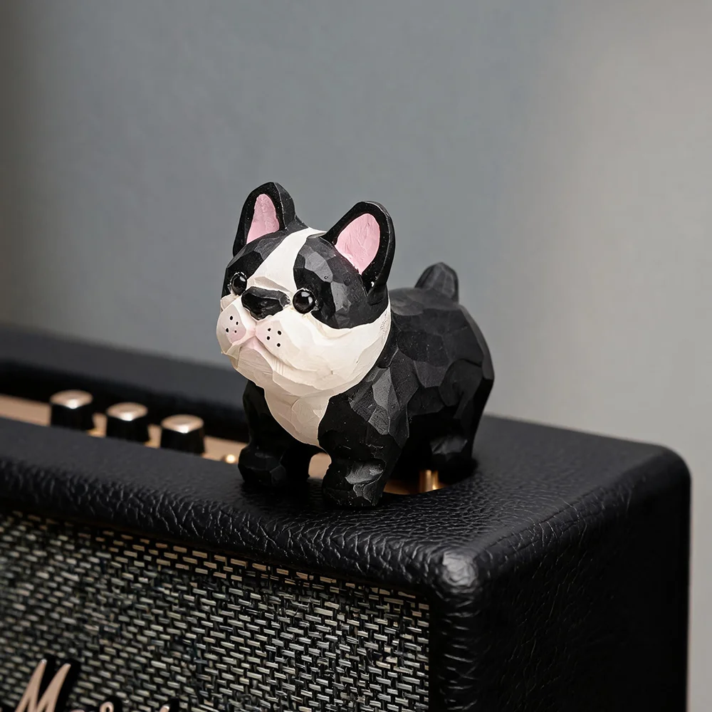 Hand Carved Wooden French Bulldog Figurine Natural Solid Basswood Hand Painted Frenchie Statue Cute Dog Tabletop Ornament