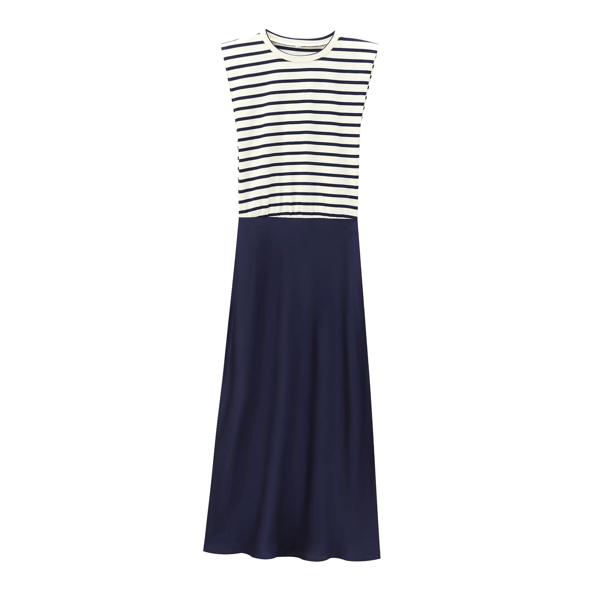 BSAY Women Fashion Summer New Splice Stripes Round Neck Pullover Sleeveless Long Dress French Chic Female Evening Clothing