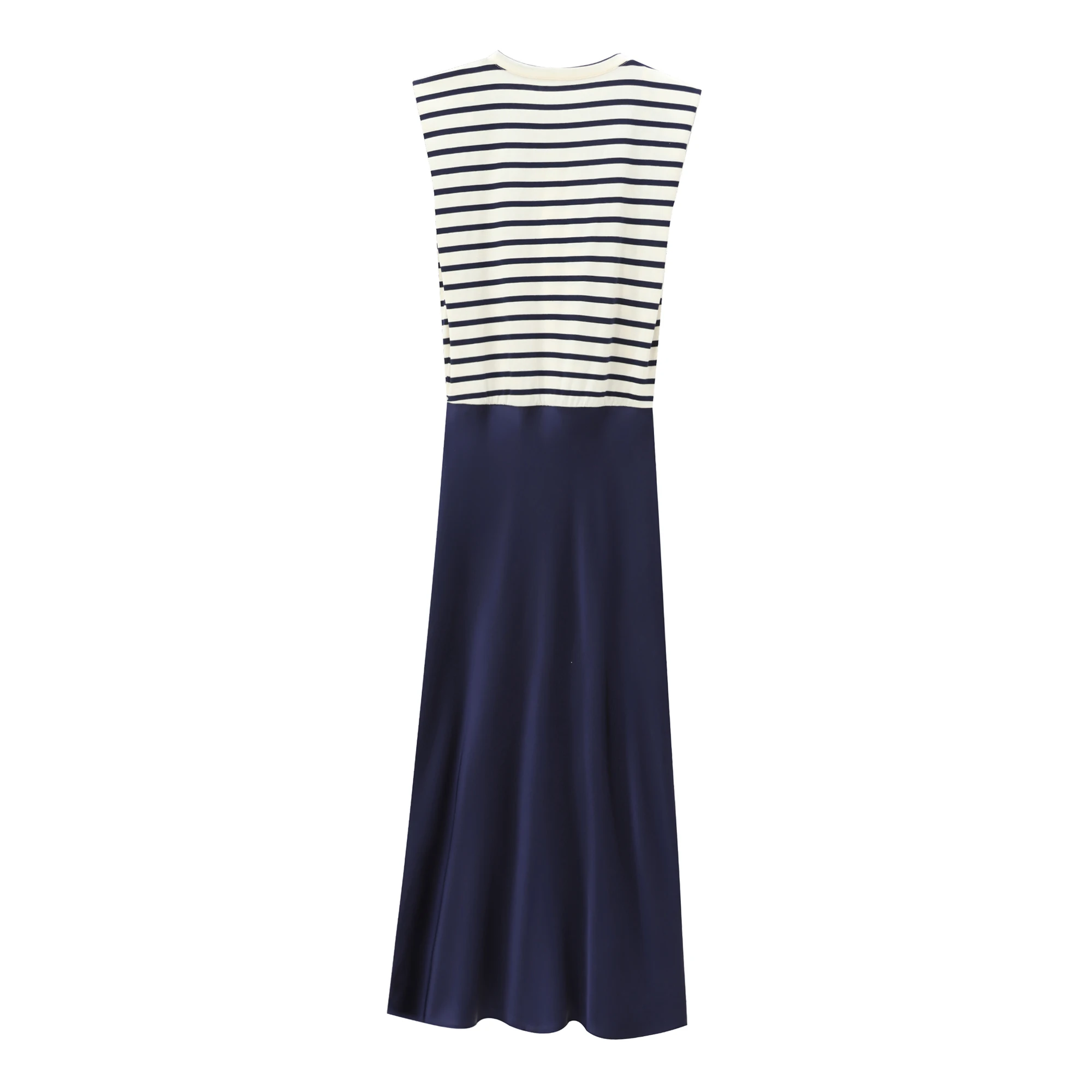 BSAY Women Fashion Summer New Splice Stripes Round Neck Pullover Sleeveless Long Dress French Chic Female Evening Clothing