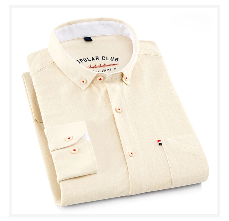 Fashion Korean Clothes Linen Cotton Long-Sleeve Shirts for Men Slim Fit Casual Plain Shirt Single Pocket Designer White Shirt