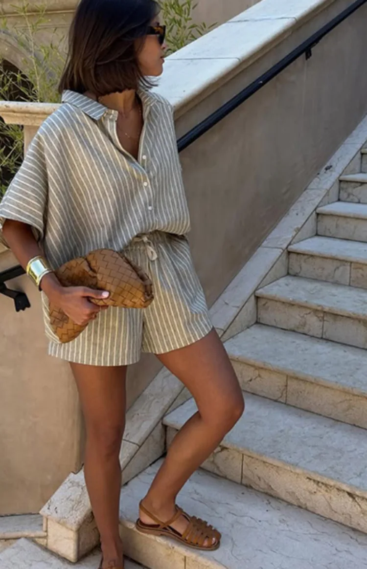 Summer Women's Striped Shirt Casual Shorts Suit Women's Two-piece Set Loose Beach Style Women's Knitted Suit Matching Pants