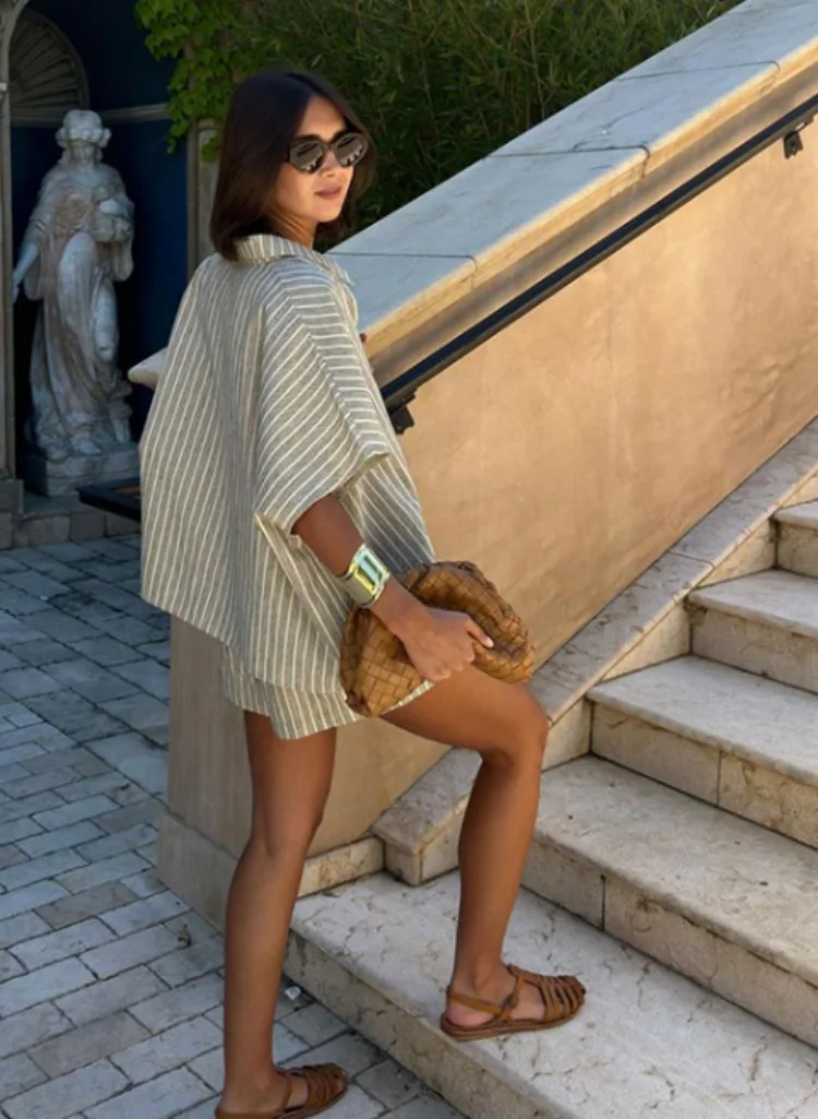 Summer Women's Striped Shirt Casual Shorts Suit Women's Two-piece Set Loose Beach Style Women's Knitted Suit Matching Pants