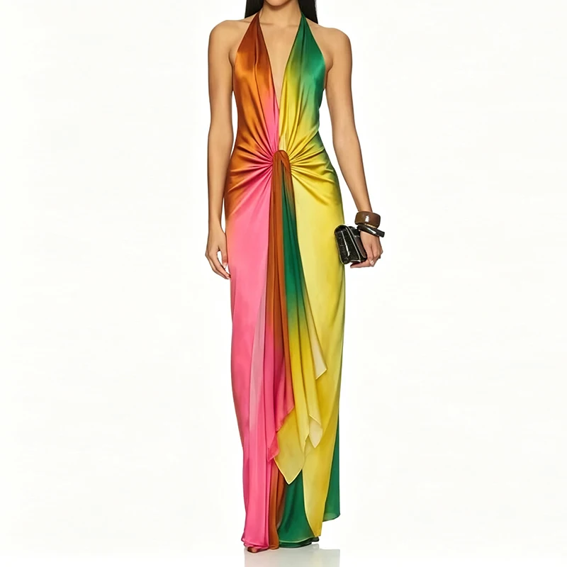 Tie Dye Print Twisted Hem Party Dress Ladies Sexy Backless Bohemian Dresses 2026 Deep V Hollow Out Sleeveless Summer Long Dress