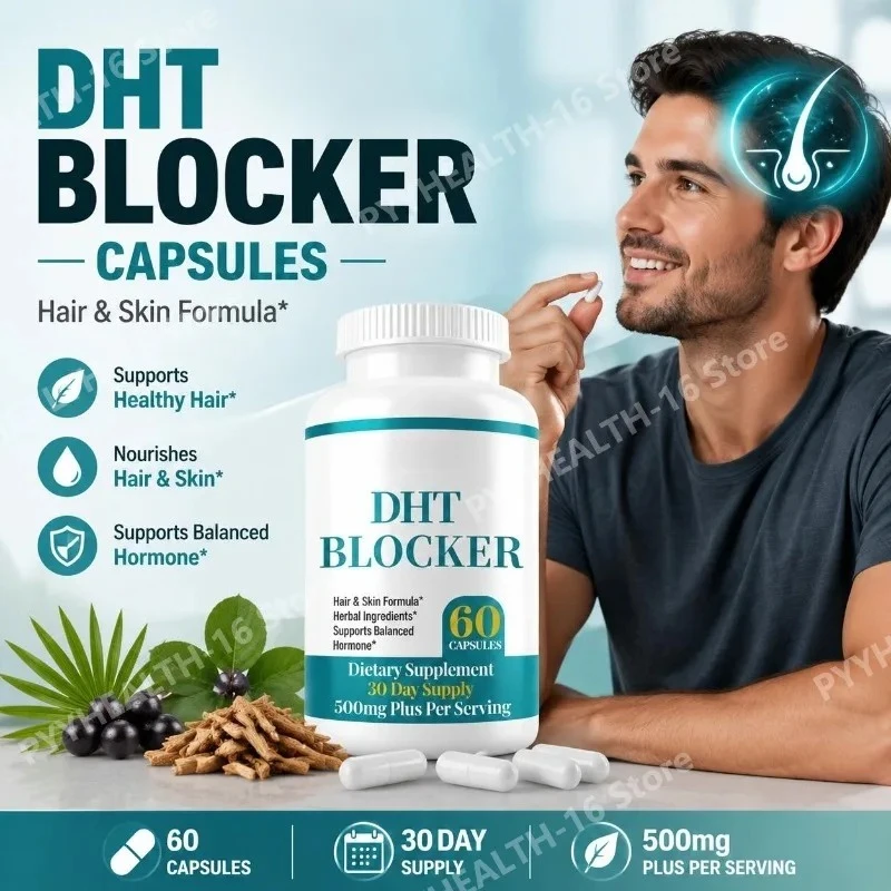 DHT Blocker Capsules with Biotin 5000mcg, Vitamin C, D, E, B6 & Zinc for Healthy Hair and Skin Support, Gluten-Free, 60 Count