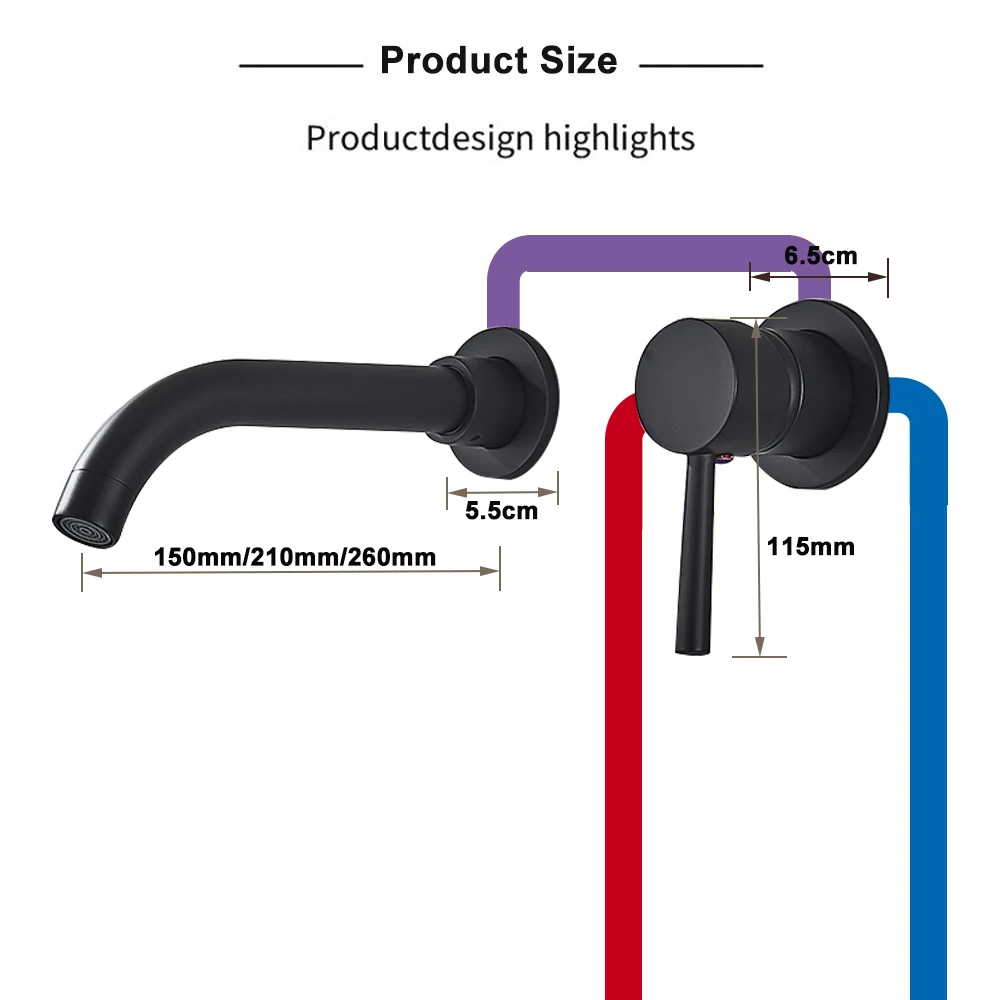 Bathroom Faucet Mixer Modern Matte Black Basin Faucet Hot Cold Water Mixer Sink Tap Wall Mount Spout Bath Lever Handle