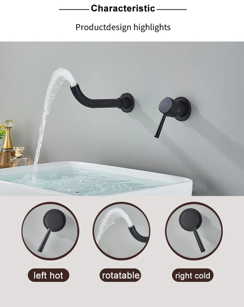 Bathroom Faucet Mixer Modern Matte Black Basin Faucet Hot Cold Water Mixer Sink Tap Wall Mount Spout Bath Lever Handle