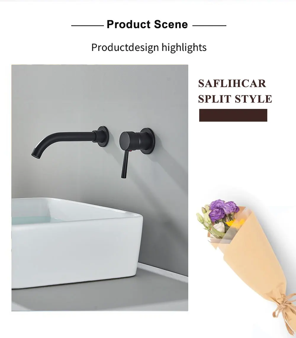Bathroom Faucet Mixer Modern Matte Black Basin Faucet Hot Cold Water Mixer Sink Tap Wall Mount Spout Bath Lever Handle