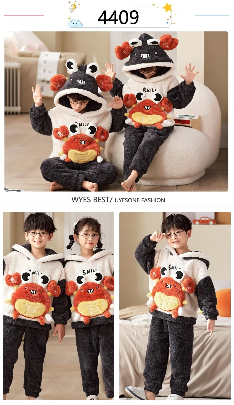 Winter Children's Pajamas Kids Plush Thicken Pajama Set Sleepwear Nightwear Boys Girls Pyjamas Hooded Pijamas for 4 6 8 12 Years