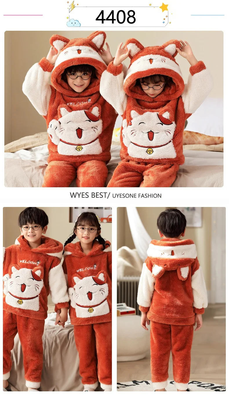 Winter Warm Teenage Pajamas Animal Cartoon Kids Pijamas Set Coral Fleece Plush Home Clothes Suit Hooded Flannel Boys Sleepwear