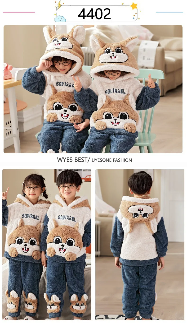 Winter Warm Teenage Pajamas Animal Cartoon Kids Pijamas Set Coral Fleece Plush Home Clothes Suit Hooded Flannel Boys Sleepwear