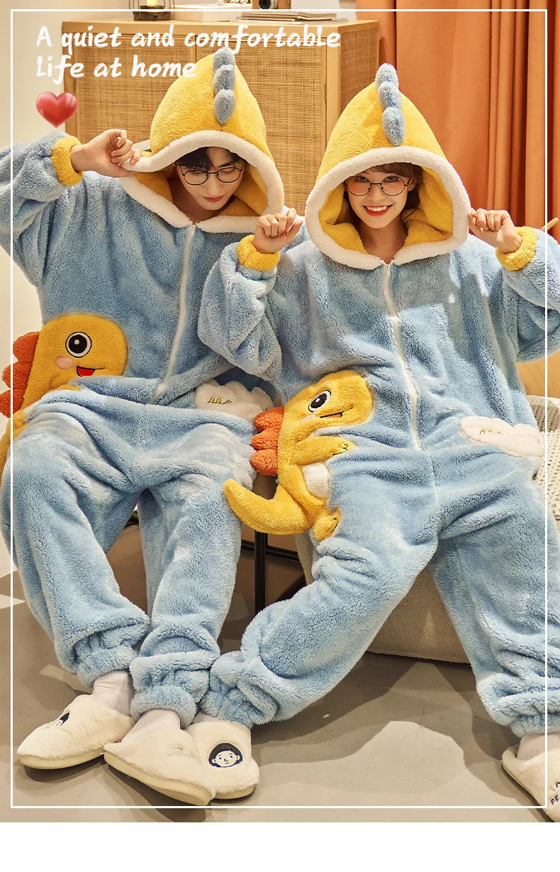 Unisex Men Women Animal Oneises Couple Pajamas One-piece Pyjamas Winter Coral Fleece Cartoon Homewear Large Size Hooded Jumpsuit
