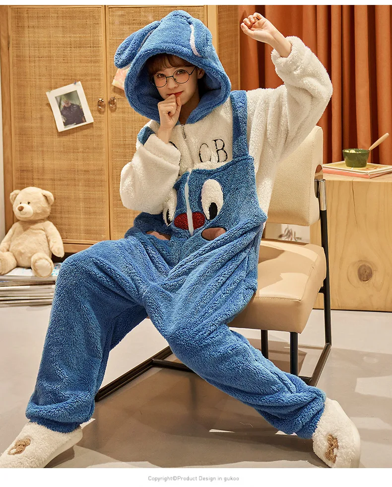 Unisex Men Women Animal Oneises Couple Pajamas One-piece Pyjamas Winter Coral Fleece Cartoon Homewear Large Size Hooded Jumpsuit