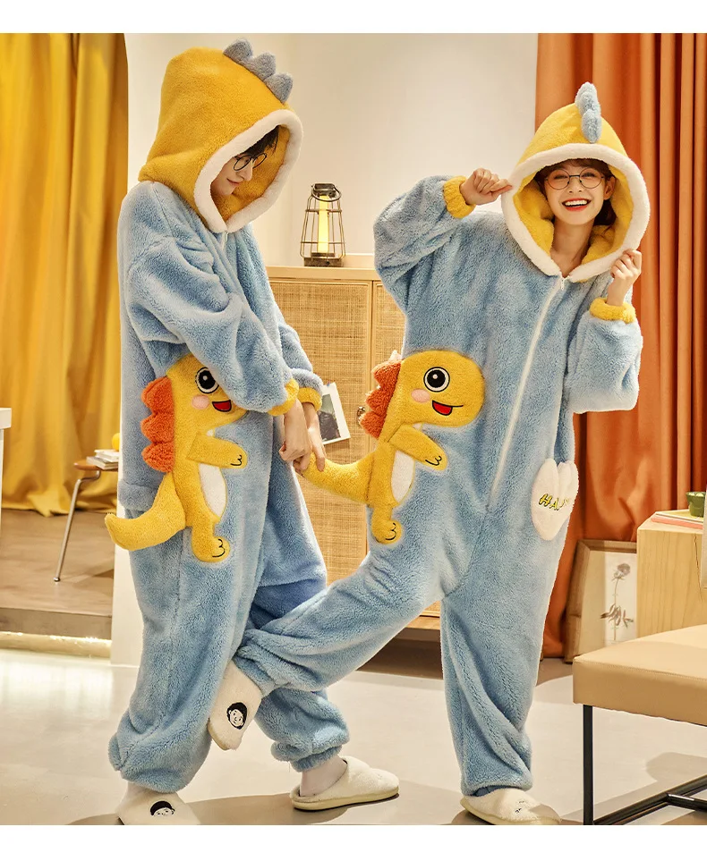 Unisex Men Women Animal Oneises Couple Pajamas One-piece Pyjamas Winter Coral Fleece Cartoon Homewear Large Size Hooded Jumpsuit