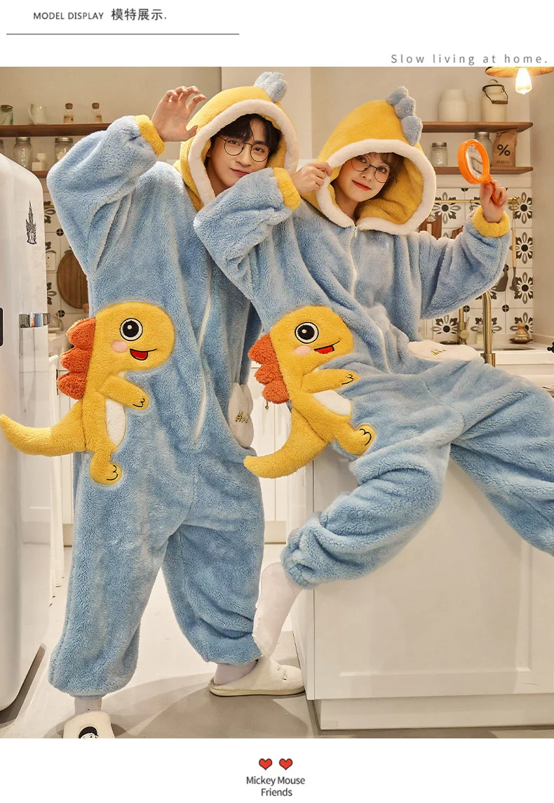 Unisex Men Women Animal Oneises Couple Pajamas One-piece Pyjamas Winter Coral Fleece Cartoon Homewear Large Size Hooded Jumpsuit