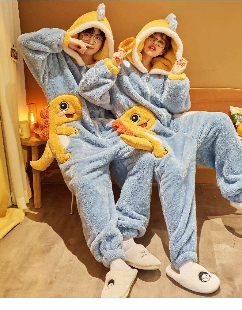 Unisex Men Women Animal Oneises Couple Pajamas One-piece Pyjamas Winter Coral Fleece Cartoon Homewear Large Size Hooded Jumpsuit