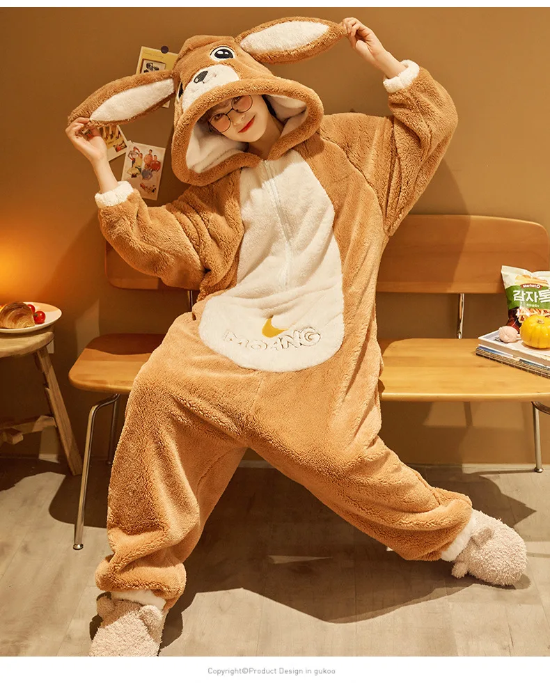 Unisex Men Women Animal Oneises Couple Pajamas One-piece Pyjamas Winter Coral Fleece Cartoon Homewear Large Size Hooded Jumpsuit