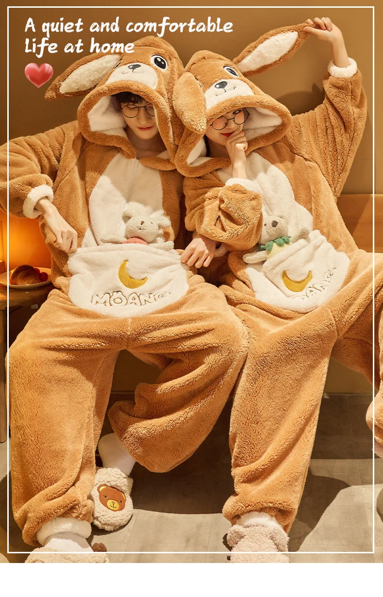 Unisex Men Women Animal Oneises Couple Pajamas One-piece Pyjamas Winter Coral Fleece Cartoon Homewear Large Size Hooded Jumpsuit