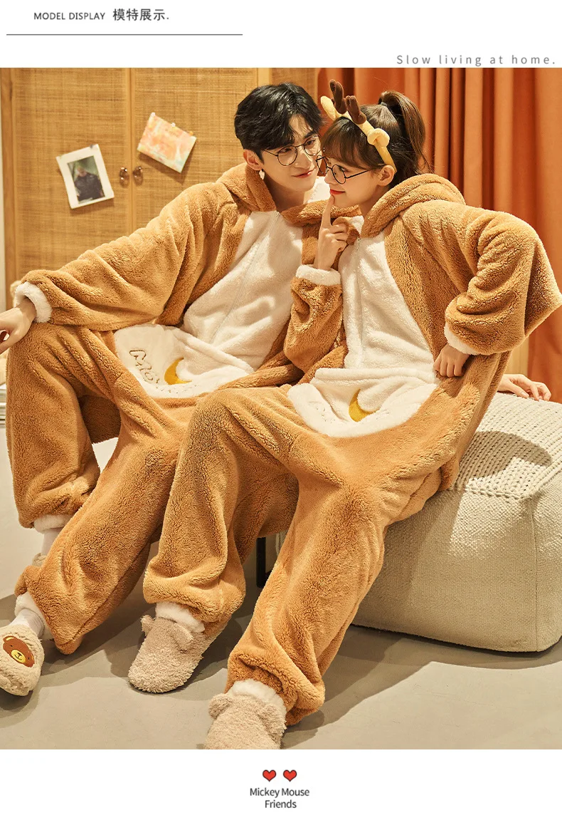 Unisex Men Women Animal Oneises Couple Pajamas One-piece Pyjamas Winter Coral Fleece Cartoon Homewear Large Size Hooded Jumpsuit