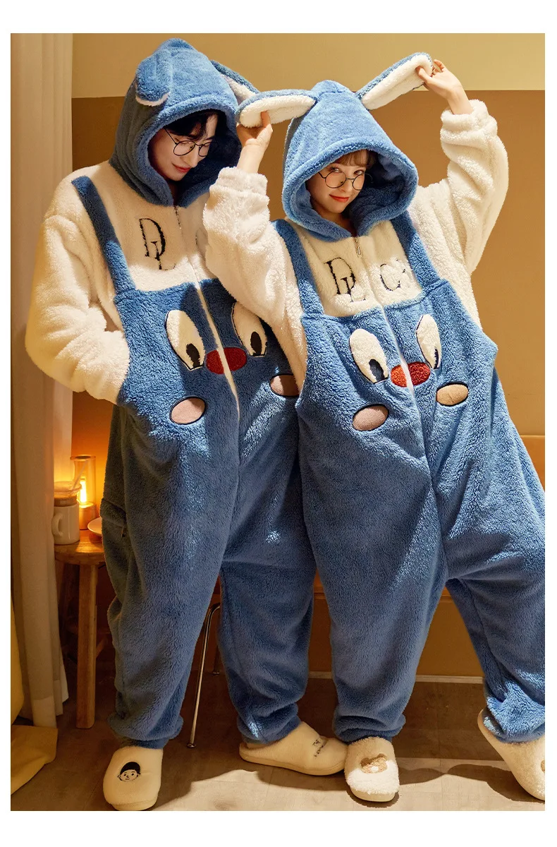 Unisex Men Women Animal Oneises Couple Pajamas One-piece Pyjamas Winter Coral Fleece Cartoon Homewear Large Size Hooded Jumpsuit