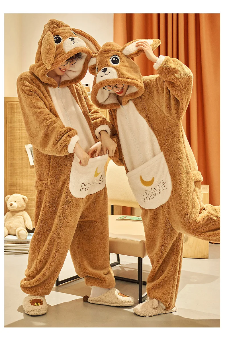 Unisex Men Women Animal Oneises Couple Pajamas One-piece Pyjamas Winter Coral Fleece Cartoon Homewear Large Size Hooded Jumpsuit
