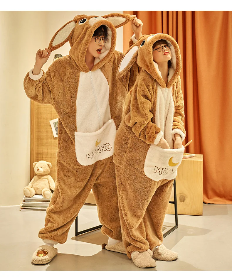 Unisex Men Women Animal Oneises Couple Pajamas One-piece Pyjamas Winter Coral Fleece Cartoon Homewear Large Size Hooded Jumpsuit
