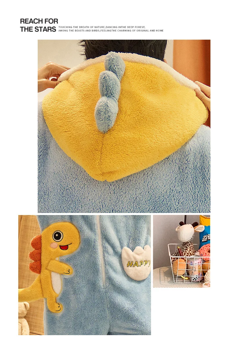 Unisex Men Women Animal Oneises Couple Pajamas One-piece Pyjamas Winter Coral Fleece Cartoon Homewear Large Size Hooded Jumpsuit