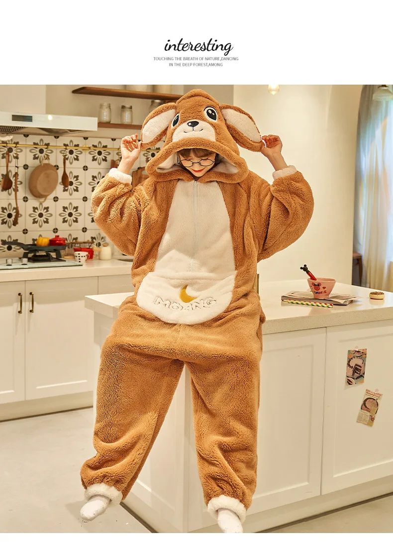 Unisex Men Women Animal Oneises Couple Pajamas One-piece Pyjamas Winter Coral Fleece Cartoon Homewear Large Size Hooded Jumpsuit
