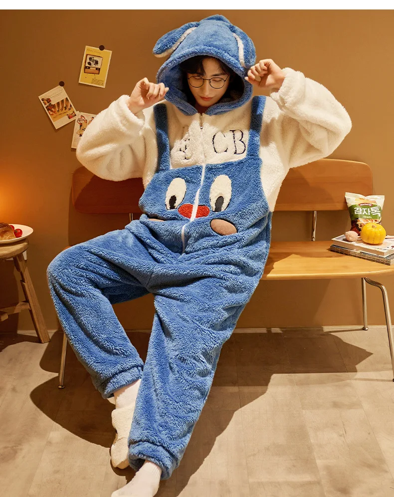 Unisex Men Women Animal Oneises Couple Pajamas One-piece Pyjamas Winter Coral Fleece Cartoon Homewear Large Size Hooded Jumpsuit