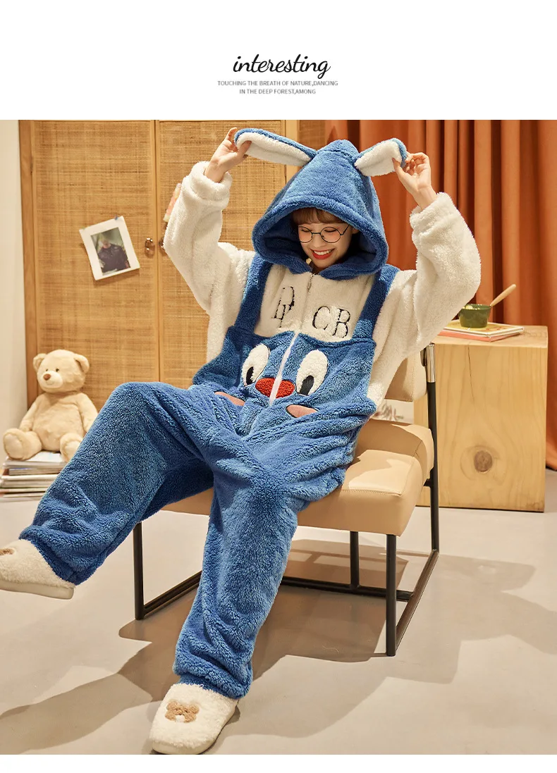 Unisex Men Women Animal Oneises Couple Pajamas One-piece Pyjamas Winter Coral Fleece Cartoon Homewear Large Size Hooded Jumpsuit