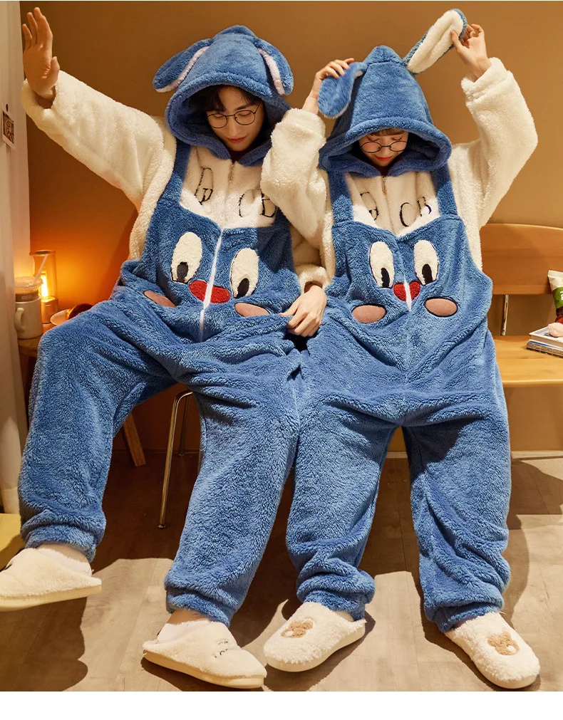 Unisex Men Women Animal Oneises Couple Pajamas One-piece Pyjamas Winter Coral Fleece Cartoon Homewear Large Size Hooded Jumpsuit