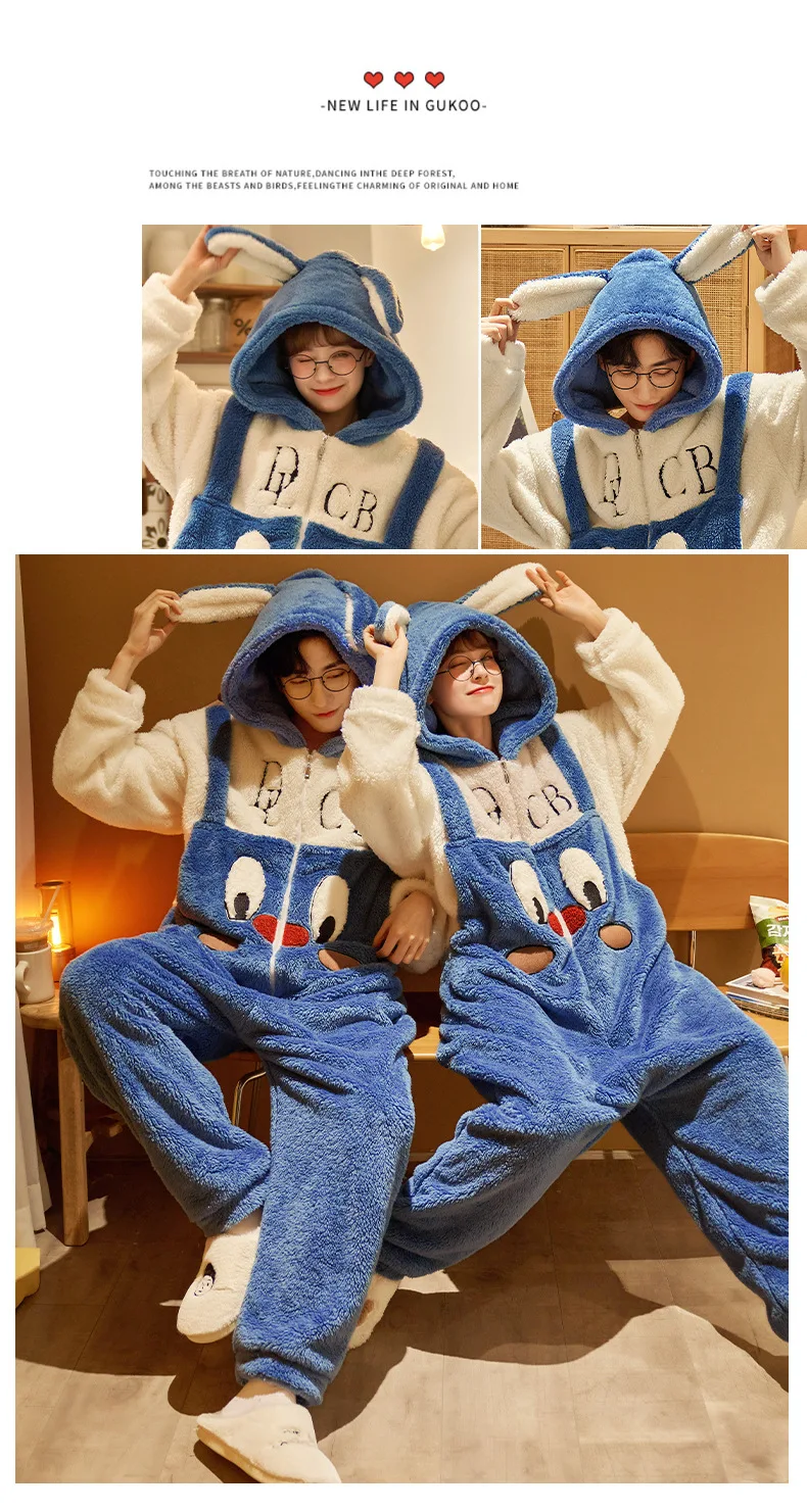 Unisex Men Women Animal Oneises Couple Pajamas One-piece Pyjamas Winter Coral Fleece Cartoon Homewear Large Size Hooded Jumpsuit