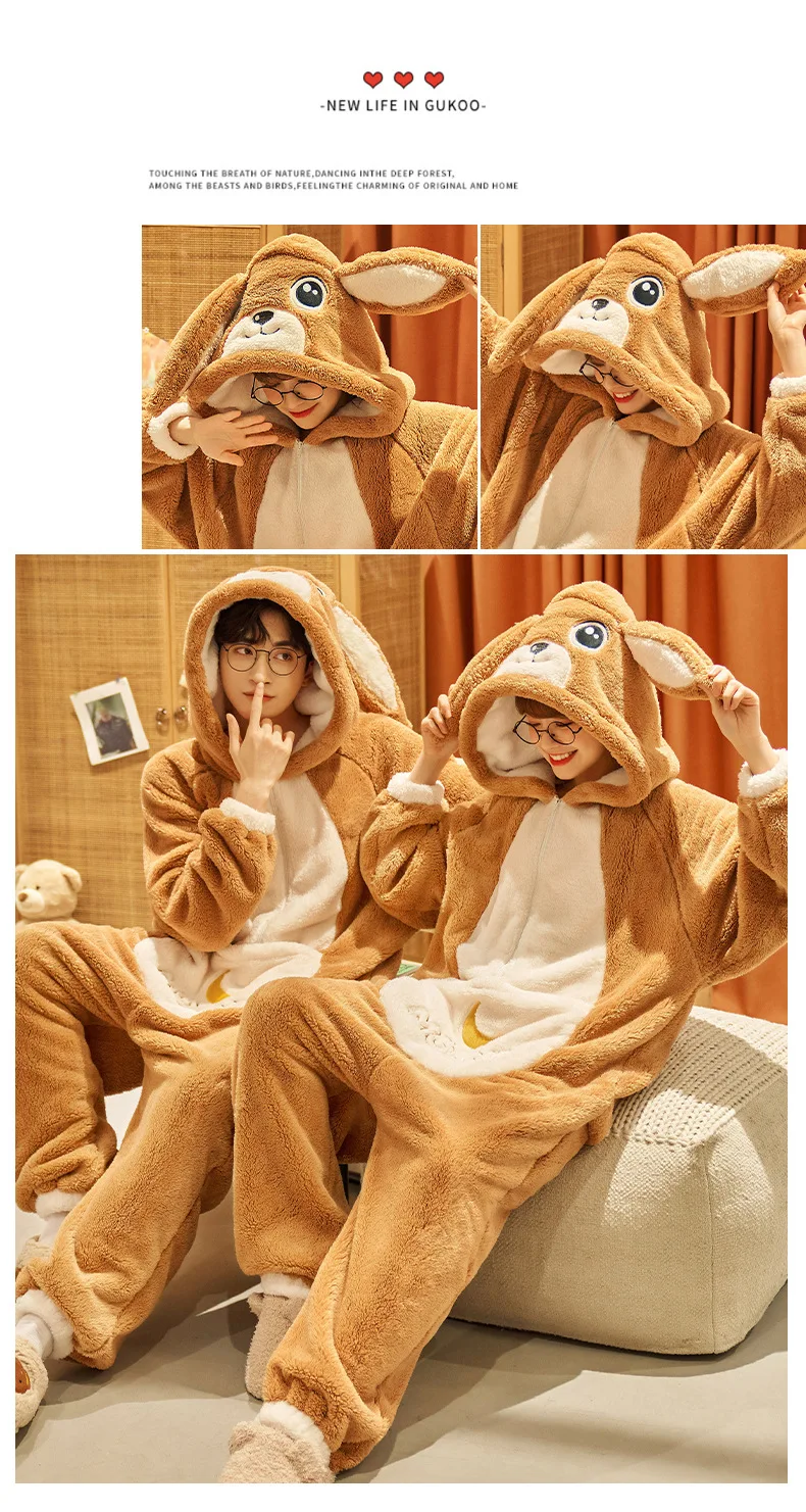 Unisex Men Women Animal Oneises Couple Pajamas One-piece Pyjamas Winter Coral Fleece Cartoon Homewear Large Size Hooded Jumpsuit