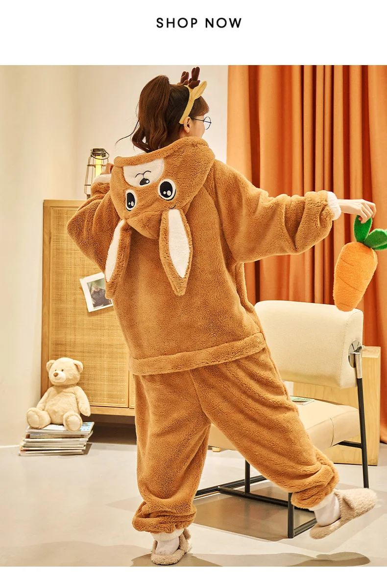 Unisex Men Women Animal Oneises Couple Pajamas One-piece Pyjamas Winter Coral Fleece Cartoon Homewear Large Size Hooded Jumpsuit