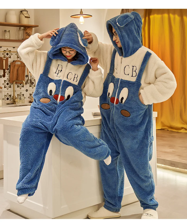 Unisex Men Women Animal Oneises Couple Pajamas One-piece Pyjamas Winter Coral Fleece Cartoon Homewear Large Size Hooded Jumpsuit