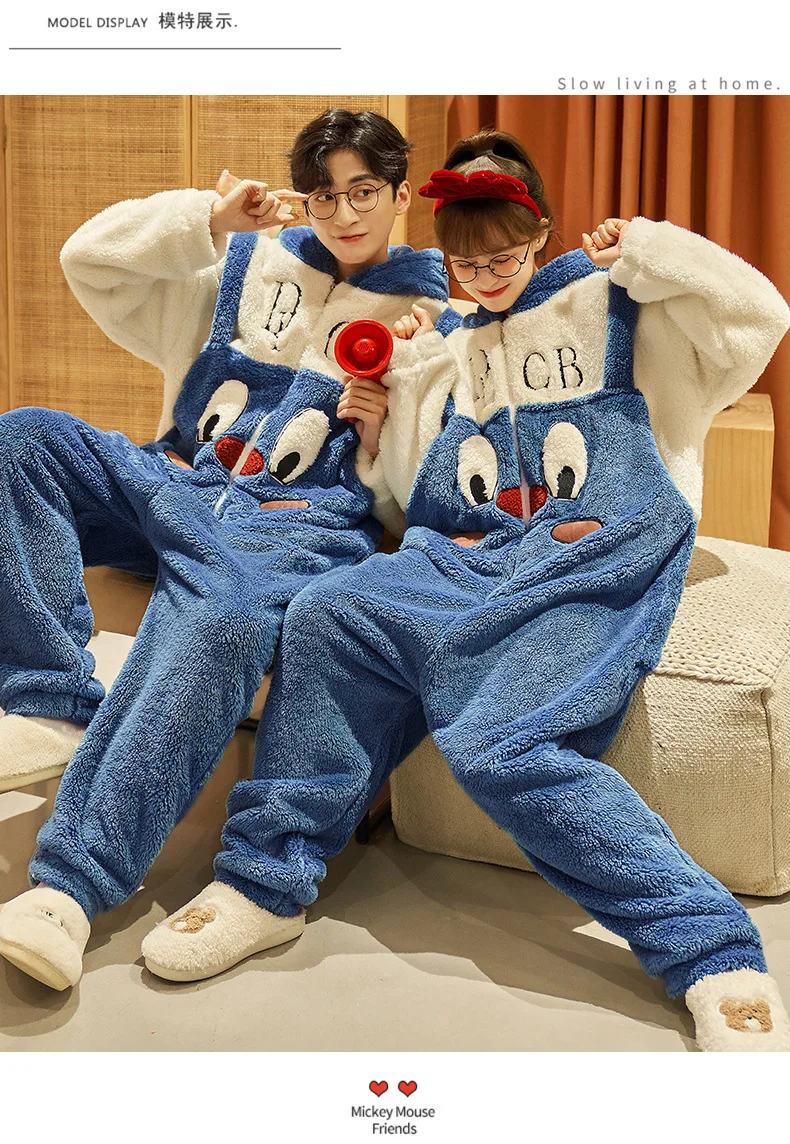 Unisex Men Women Animal Oneises Couple Pajamas One-piece Pyjamas Winter Coral Fleece Cartoon Homewear Large Size Hooded Jumpsuit