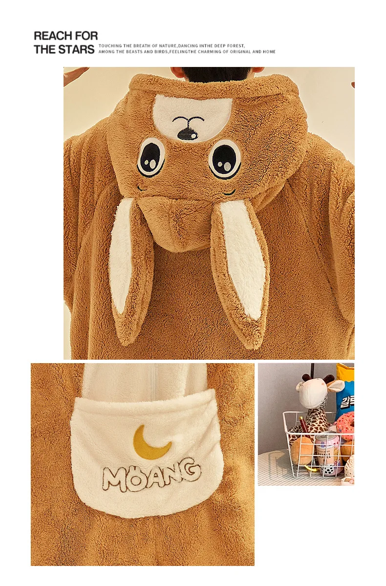Unisex Men Women Animal Oneises Couple Pajamas One-piece Pyjamas Winter Coral Fleece Cartoon Homewear Large Size Hooded Jumpsuit