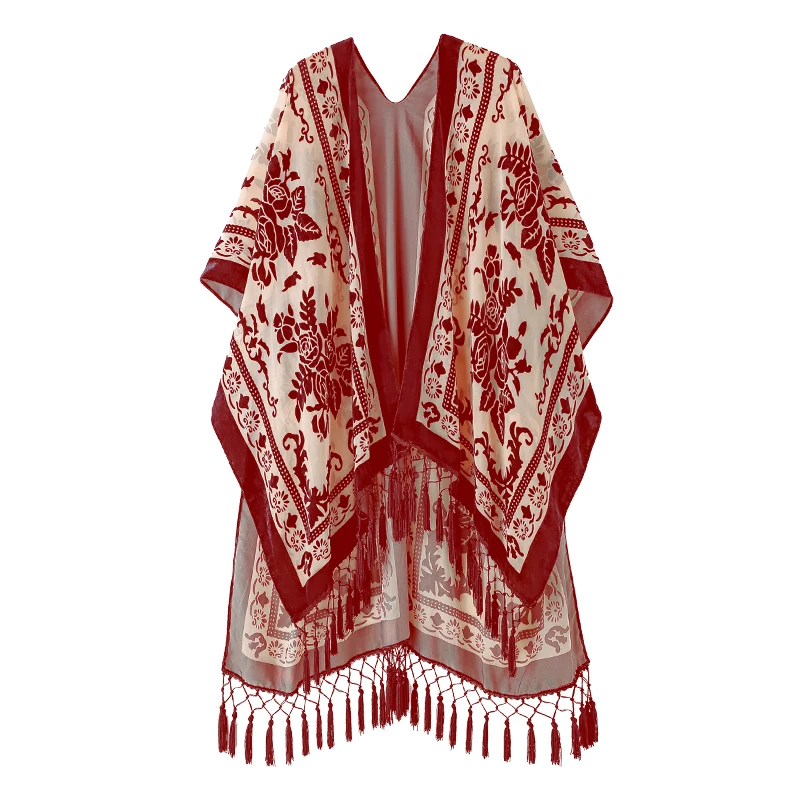 MJSERECA Bohemian Fashion women burnt plush kimono long cardigan with tassel beach cover-up luxury Holiday Casual Cardigan Shawl