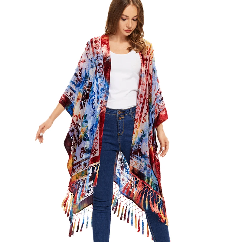 MJSERECA Bohemian Fashion women burnt plush kimono long cardigan with tassel beach cover-up luxury Holiday Casual Cardigan Shawl