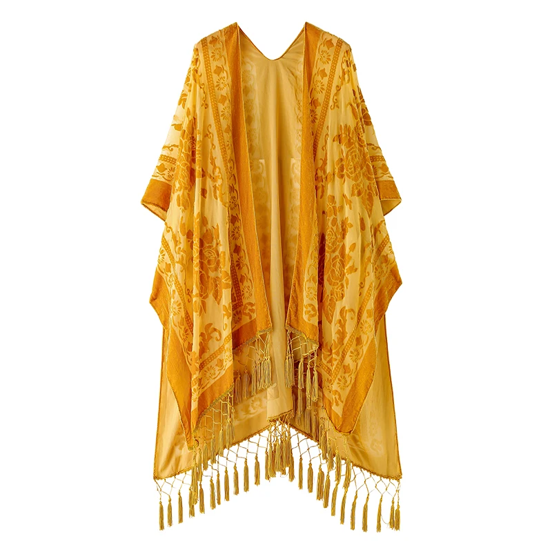 MJSERECA Bohemian Fashion women burnt plush kimono long cardigan with tassel beach cover-up luxury Holiday Casual Cardigan Shawl